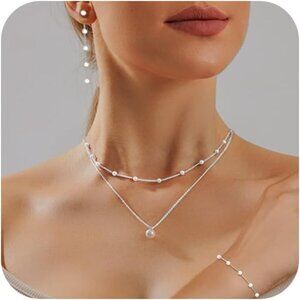 Jewelry Set-Silver Women Dainty Pearl Choker Earrings Bracelet Wedding Gift